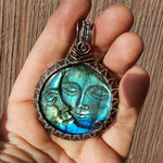 Carved Blue Green Labradorite Sun Moon Face Pendant Sterling Silver and Copper