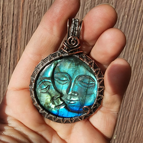 Carved Blue Green Labradorite Sun Moon Face Pendant Sterling Silver and Copper