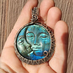 Carved Blue Green Labradorite Sun Moon Face Pendant Sterling Silver and Copper