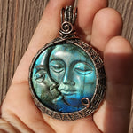 Carved Blue Green Labradorite Sun Moon Face Pendant Sterling Silver and Copper