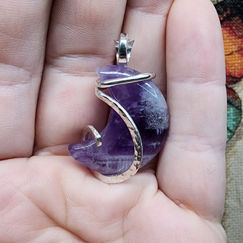 Chevron Amethyst Crescent Moon Pendant in Sterling Silver