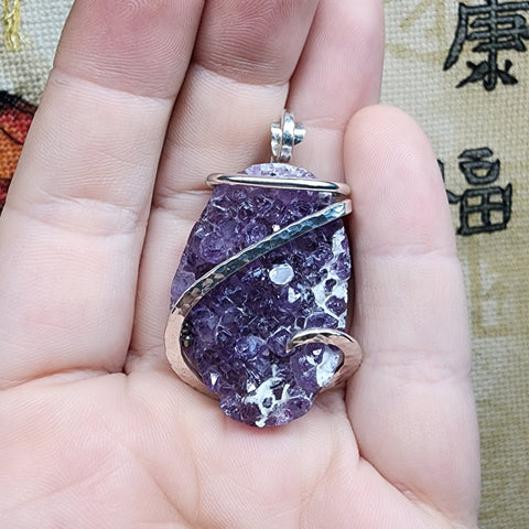 Large Amethyst Druzy Crystal Pendant in Sterling Silver