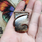 Petrified Wood Agate Pendant in Hammered Copper