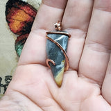 Oregon Bumblebee Plume Agate Tooth Shaped Pendant in Copper