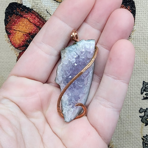 Purple Amethyst Druzy Crystal Geode Pendant in Copper