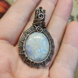 Carved Rainbow Moonstone Pendant in Sterling Silver and Copper
