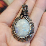 Carved Rainbow Moonstone Pendant in Sterling Silver and Copper