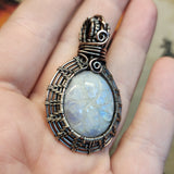 Carved Rainbow Moonstone Pendant in Sterling Silver and Copper