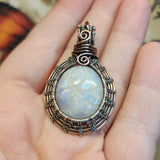 Carved Rainbow Moonstone Pendant in Sterling Silver and Copper