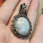 Carved Rainbow Moonstone Pendant in Sterling Silver and Copper