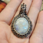 Carved Rainbow Moonstone Pendant in Sterling Silver and Copper