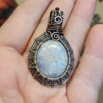 Carved Rainbow Moonstone Pendant in Sterling Silver and Copper