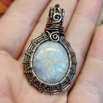 Carved Rainbow Moonstone Pendant in Sterling Silver and Copper