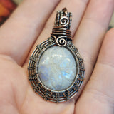 Carved Rainbow Moonstone Pendant in Sterling Silver and Copper