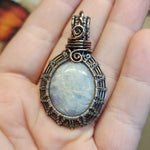 Carved Rainbow Moonstone Pendant in Sterling Silver and Copper