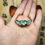 Carved Labradorite Heart with Wings Necklace in Copper