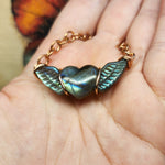 Carved Labradorite Heart with Wings Necklace in Copper