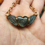 Carved Labradorite Heart with Wings Necklace in Copper
