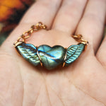 Carved Labradorite Heart with Wings Necklace in Copper