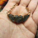 Carved Labradorite Heart with Wings Necklace in Copper