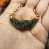 Carved Labradorite Heart with Wings Necklace in Copper