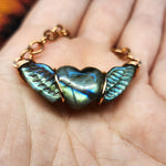 Carved Labradorite Heart with Wings Necklace in Copper