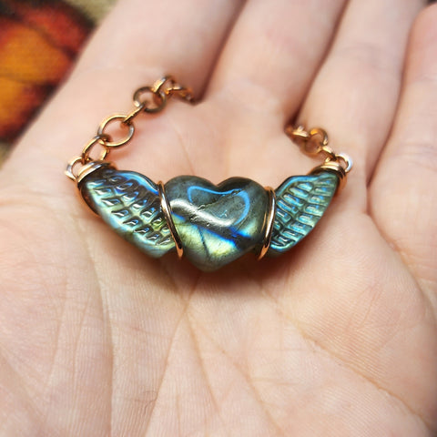 Carved Labradorite Heart with Wings Necklace in Copper