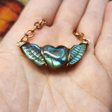Carved Labradorite Heart with Wings Necklace in Copper