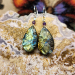 Carved Labradorite Flower of Life Earrings with Amethyst in Sterling Silver