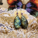 Carved Labradorite Flower of Life Earrings with Amethyst in Sterling Silver