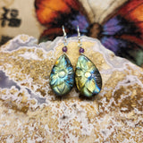 Carved Labradorite Flower of Life Earrings with Amethyst in Sterling Silver