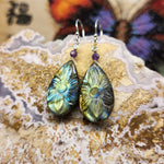 Carved Labradorite Flower of Life Earrings with Amethyst in Sterling Silver