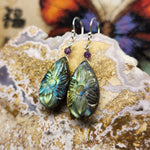 Carved Labradorite Flower of Life Earrings with Amethyst in Sterling Silver