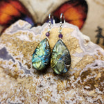Carved Labradorite Flower of Life Earrings with Amethyst in Sterling Silver