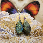Carved Labradorite Flower of Life Earrings with Amethyst in Sterling Silver