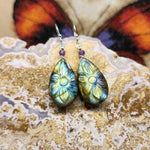 Carved Labradorite Flower of Life Earrings with Amethyst in Sterling Silver
