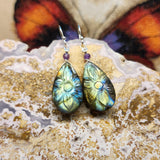 Carved Labradorite Flower of Life Earrings with Amethyst in Sterling Silver