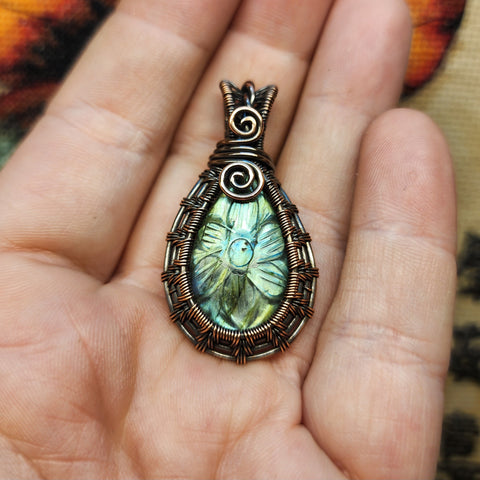 Carved Labradorite Flower of Life in Copper