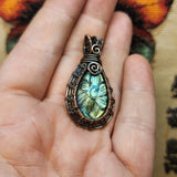 Carved Labradorite Flower of Life in Copper