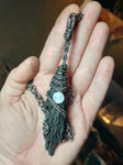 Flying Witches Broomstick Pendant Raw Black Kyanite Moonstone Necklace - Made To Order