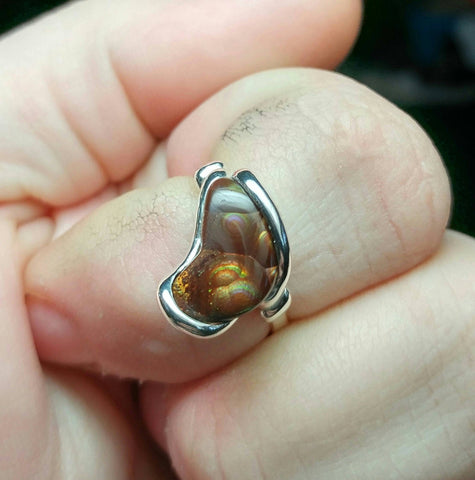 Crescent Moon Mexican Fire Agate Ring in Sterling Silver Sz 6.5